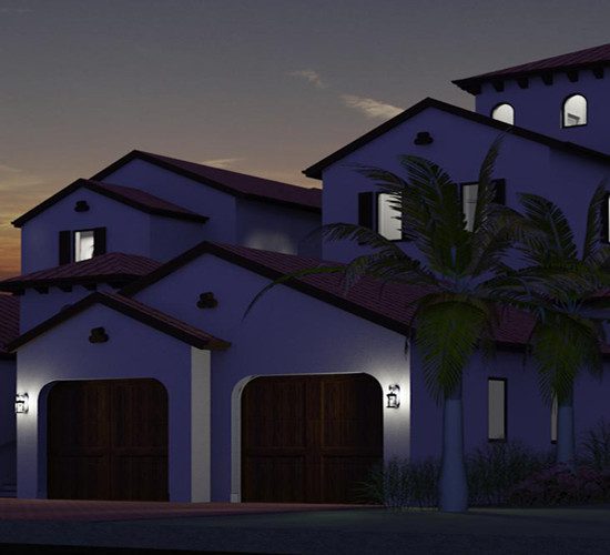 A rendering of the front of a house at night.